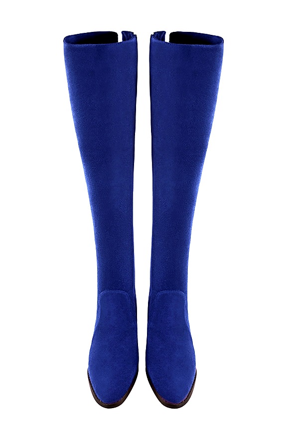 Electric blue women's leather thigh-high boots. Round toe. Flat leather soles. Made to measure. Top view - Florence KOOIJMAN